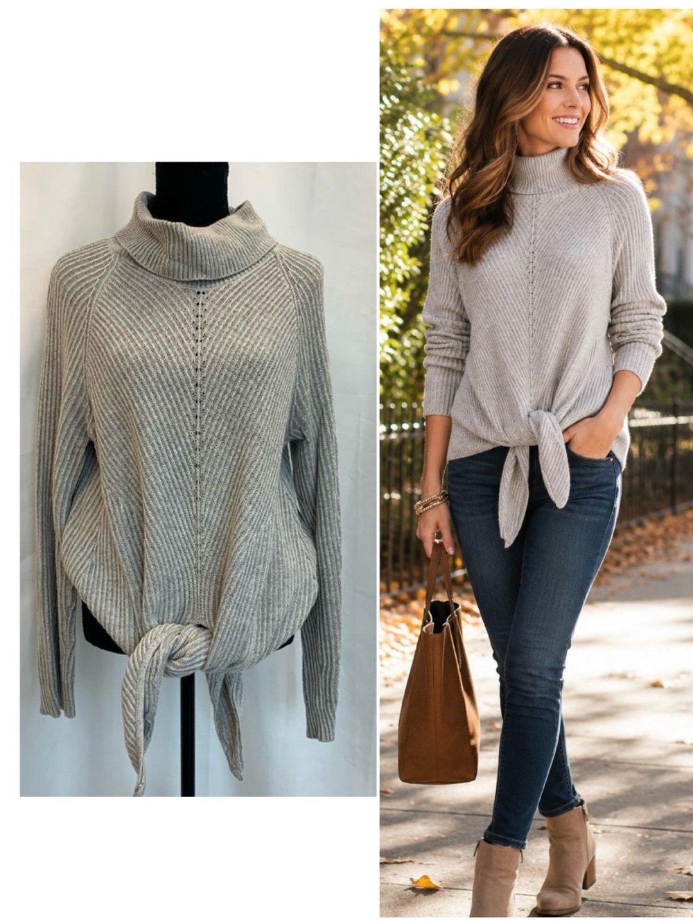 Anthropologie Moth Gray Ribbed Tie Front Turtleneck Sweater Size M